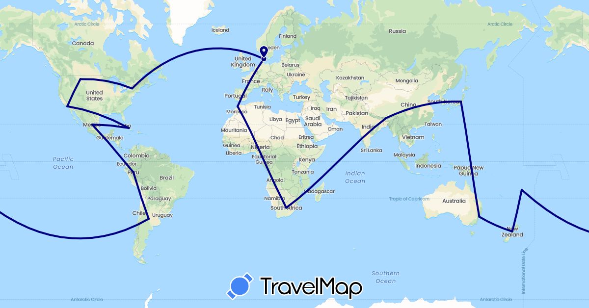 TravelMap itinerary: driving in Argentina, Australia, Cuba, Denmark, Fiji, India, Japan, Morocco, Mexico, New Zealand, Peru, United States, South Africa (Africa, Asia, Europe, North America, Oceania, South America)